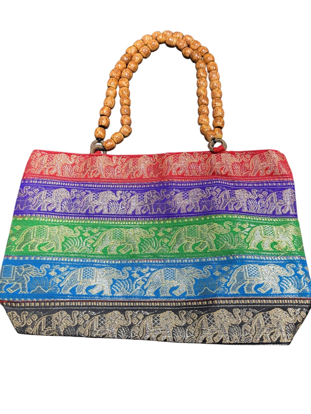 Eclectic Boho Thai Elephants Tapestry Bag Wooden Bead Handles Colorful Stripes